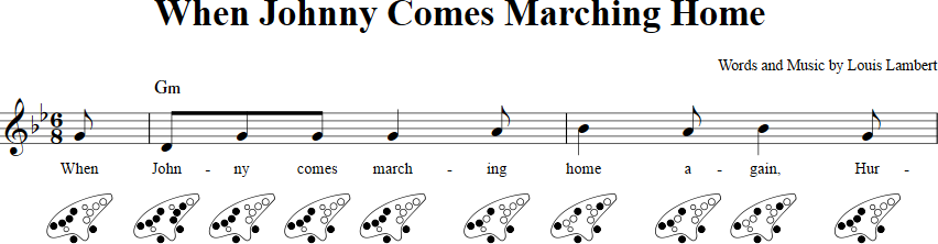 When Johnny Comes Marching Home 12-hole Ocarina Tab